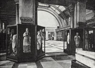 **Sculpture from the ‘Cesnola Collection’ on display in the ‘Hall of Ancient Statuary’ at the Metropolitan Museum of Art, 1880 (from *Harper’s New Monthly Magazine*, no. 360, May 1880)**