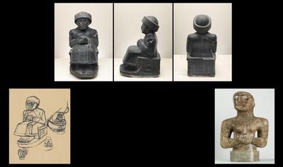 **One of the numerous paths in a site-world; center: Gudea, ruler of Lagash, from Tello (c. 2150 BC); left: Alberto Giacometti's *Seated Gudea* (c. 1935); right: Henry Moore's *Girl with Clasped Hands* (1930).**
