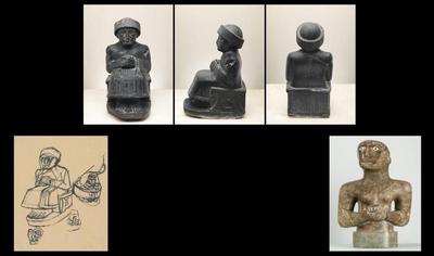 **Center: Gudea, ruler of Lagash, from Tello (c. 2150 BCE); left: Alberto Giacometti's *Seated Gudea* (c. 1935); right: Henry Moore's *Girl with Clasped Hands* (1930).**