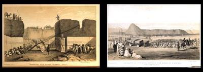 **Austen Henry Layard oversees the 'capture' and transport of a human-headed bull. From Layard's *Nineveh and Its Remains* (London: J. Murray, 1849), frontispieces to vol. 1 and 2.**