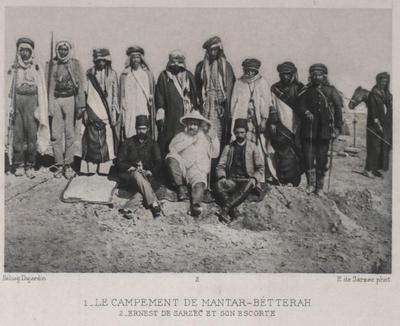 **Ernest de Sarzec, the French diplomat who led the excavations at Tello, is shown seated in the middle, accompanied by his unnamed '*escorts*.' These included government representatives, landowners, and foremen, together with the horse & groom looming in the background. From E. Sarzec, *Découvertes en Chaldée* (Paris, 1884-1912), plate 63.**